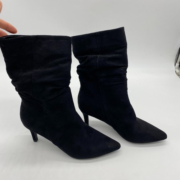 A Black Suede Women Fashion Pull On Slouch Boots Mid Calf Pointed Toe Mid Heel - Picture 3 of 7
